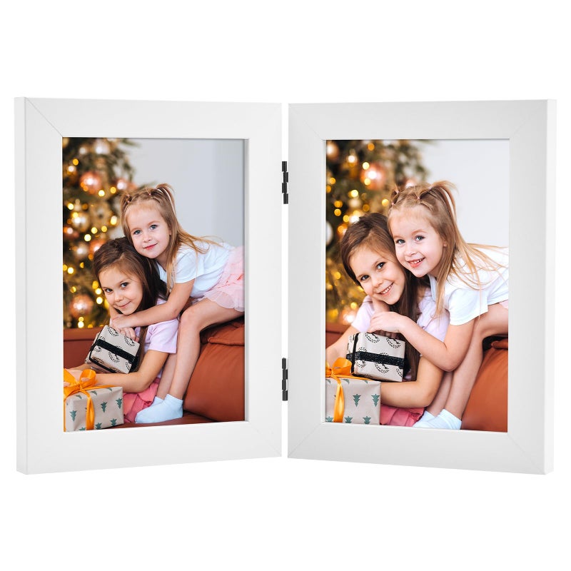 Frametory, 5x7 Double Picture Frame - Real Glass Hinged 2 Photos Collage, Desktop Picture Frame Standing Vertical (White, 1 Pack) - Image 1